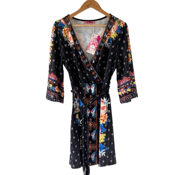 101 Idees Dresses & Skirts - BNWT 101 Idees Women’s Black Summer Floral Kimono Dress Tie-up Waistband Size XL